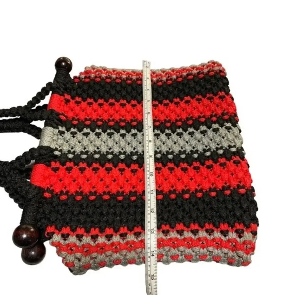 Crochet Red Black Gray Purse Handbag with Dark Wood Embellishments. Handmade